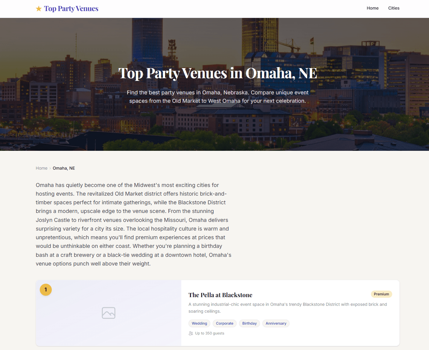 Top Party Venues website
